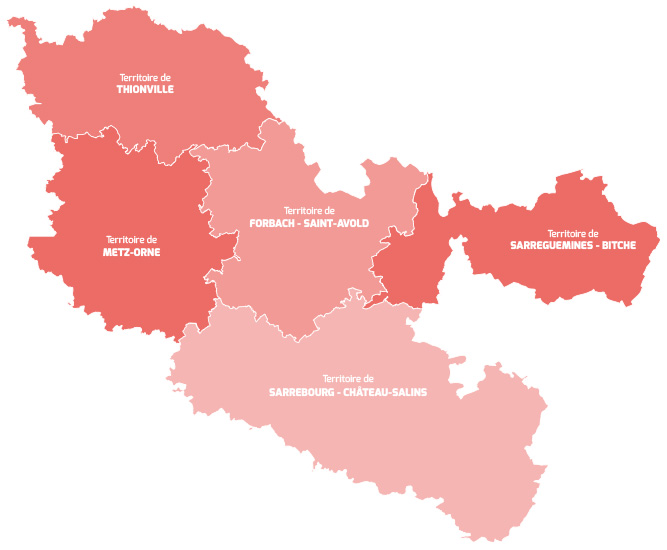 Carte des 5 territoires de la Moselle